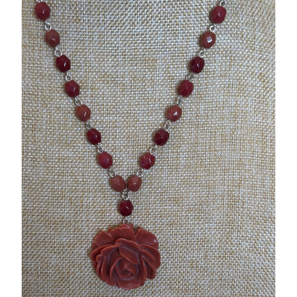 Beaded Rose Pendant Necklace Burgundy Terracotta Red Floral Statemtment